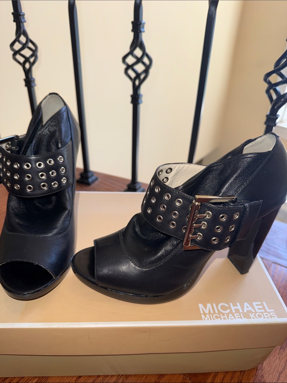 Michael Kors Black Leather Peep-Toe Block Heel with Grommet Buckle Strap 8 1/2